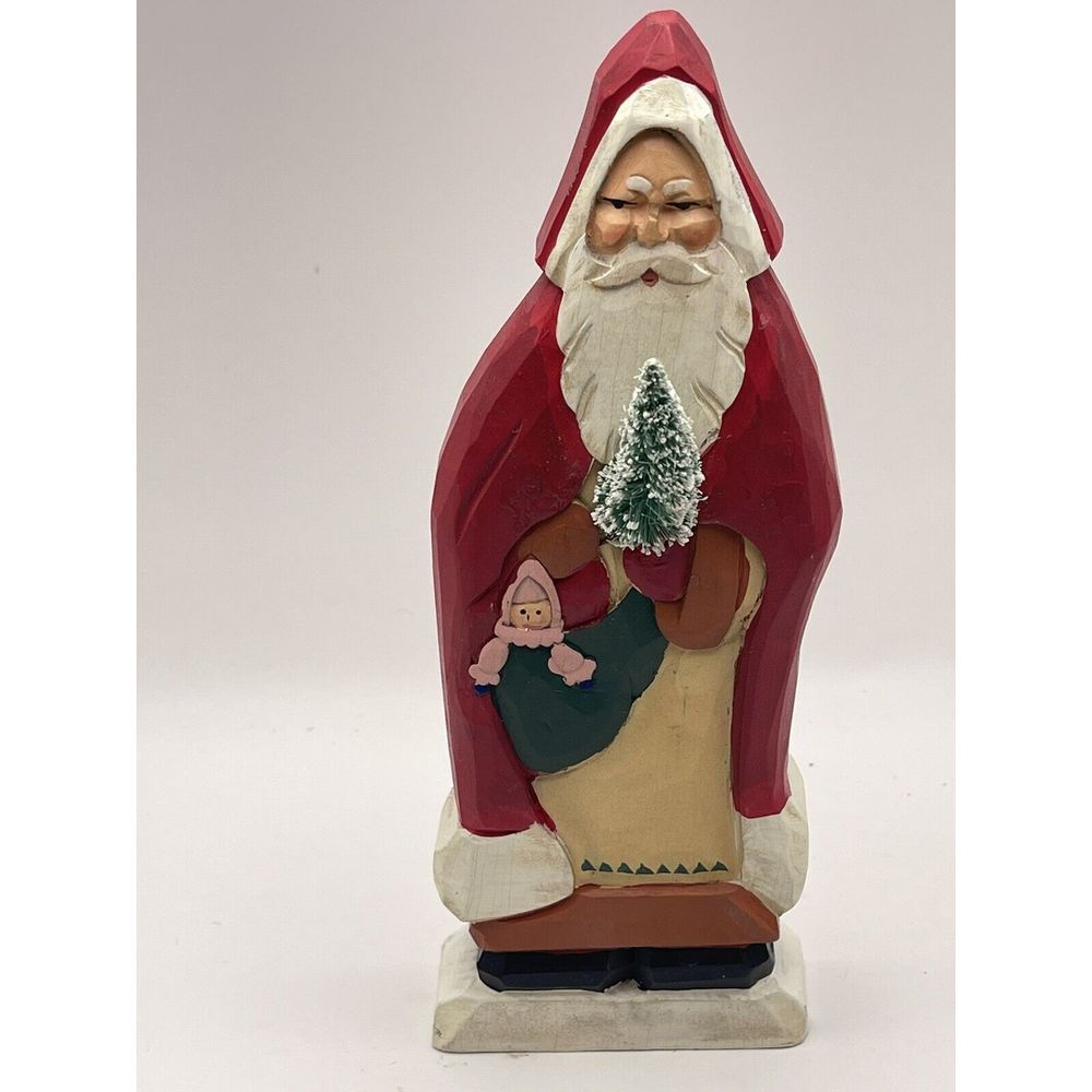 Vintage Carved Wood Santa Folkart‎ 8.5 Inch Tall Toybag
